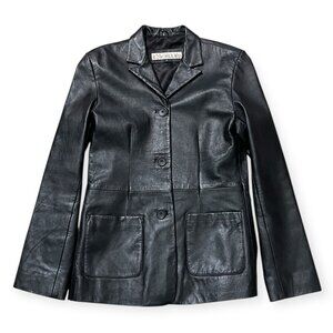 Excelled Women’s Black Genuine Leather Blazer Jacket Size 4 Classic Button